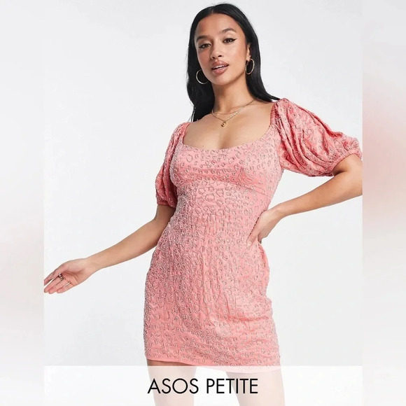ASOS DESIGN Petite sequin mini dress with puff sleeves in peach - Picture 1 of 12